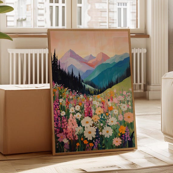 Vibrant Mountain Wildflowers Colorful Spring Meadow With Majestic Peaks Bold Nature Wall Art For Home Decor