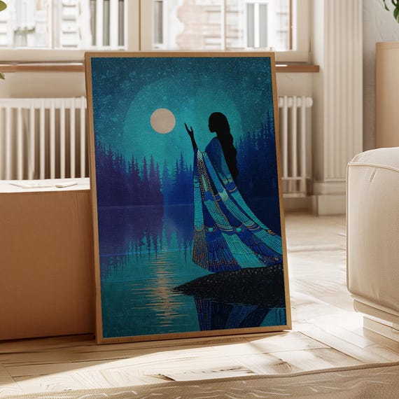Moonlit Woman By Forest Lake In Blue Silhouette