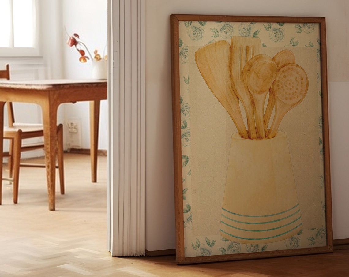 Vintage Wooden Utensils in Crock Floral Wallpaper Kitchen Poster