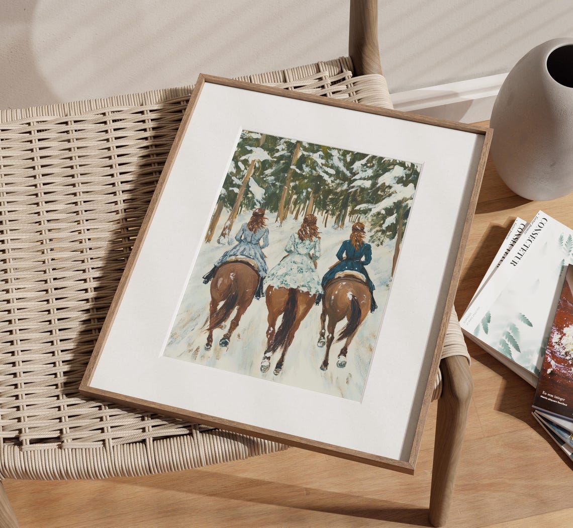 Three Women on Horseback Riding Through Snowy Pine Forest Poster - Image 2