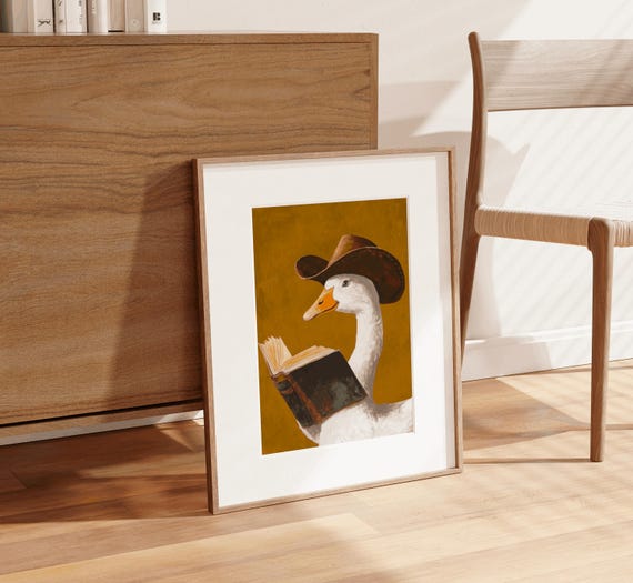 Silly Cowboy Goose Print Brown Western Nursery Art Book Lover Art Geese Lover Art Study Room Wall Art Goose Painting