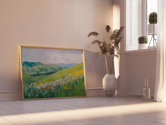 Rolling Green Hills Landscape Painting Wildflower Valley Poster