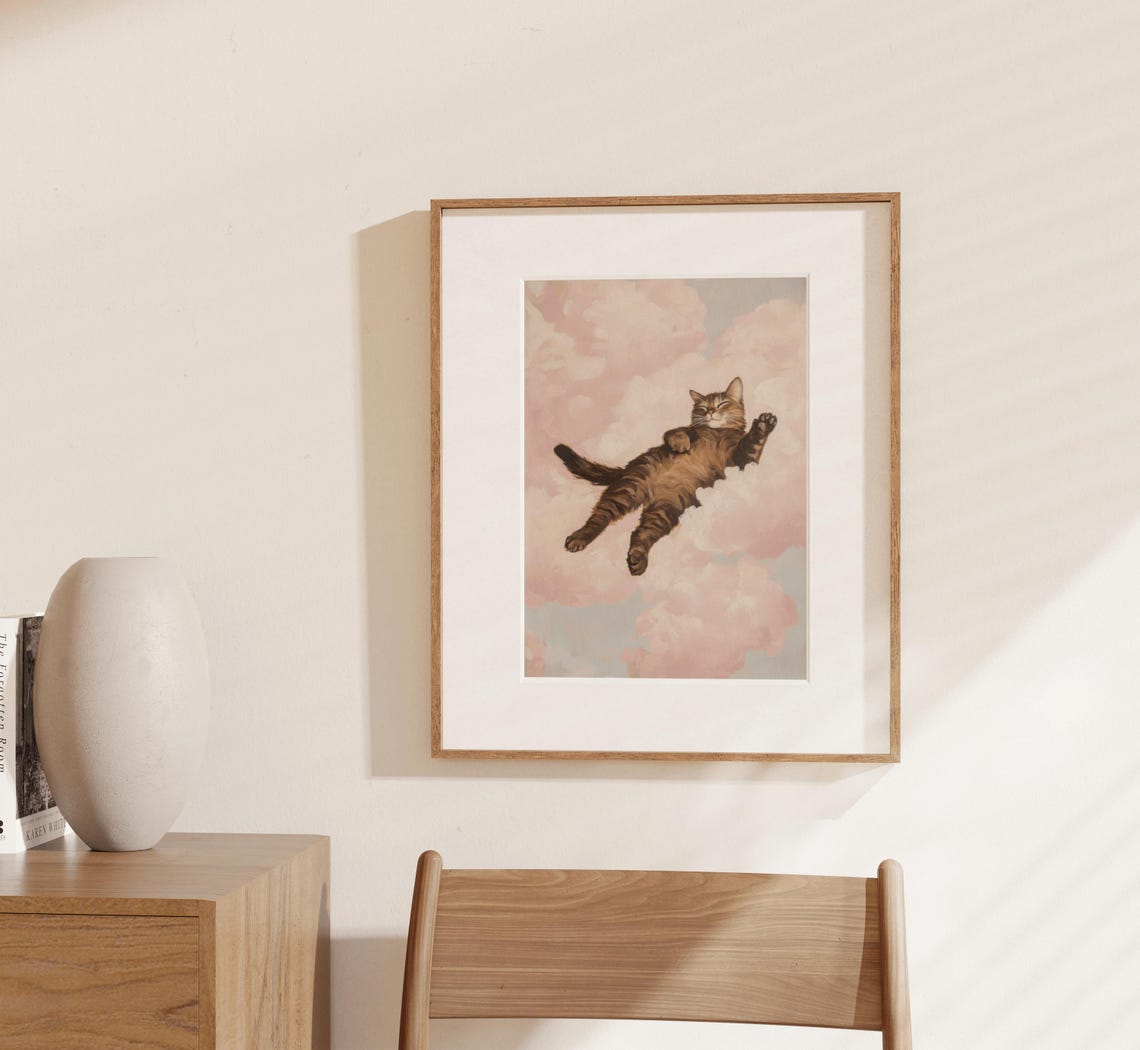 Brown Tabby Cat Floating Pink Clouds Dreamy Watercolor Wall Art - Image 3