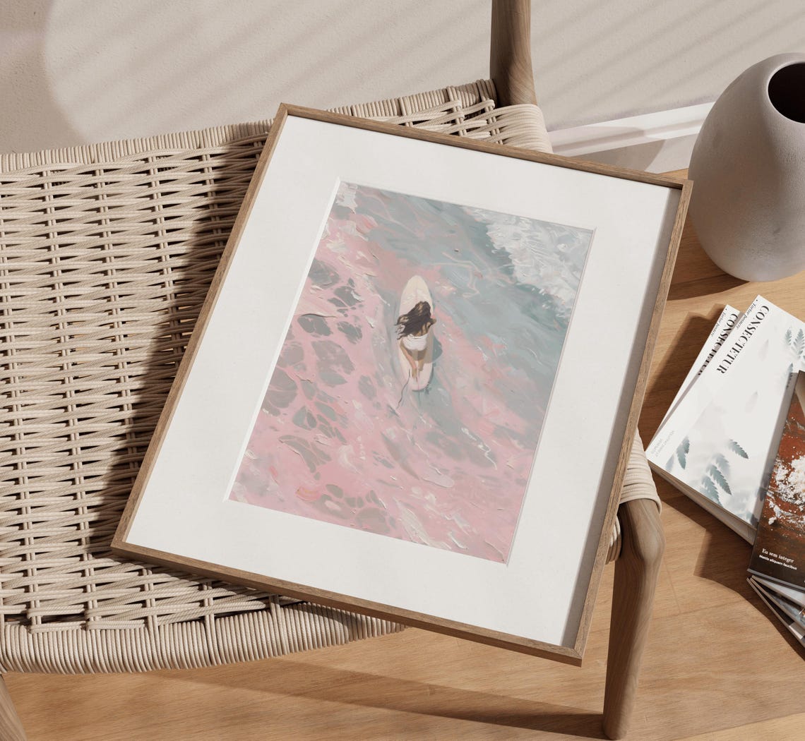 Surfer Girl on Paddleboard in Pink Ocean Aerial Coastal Art Print