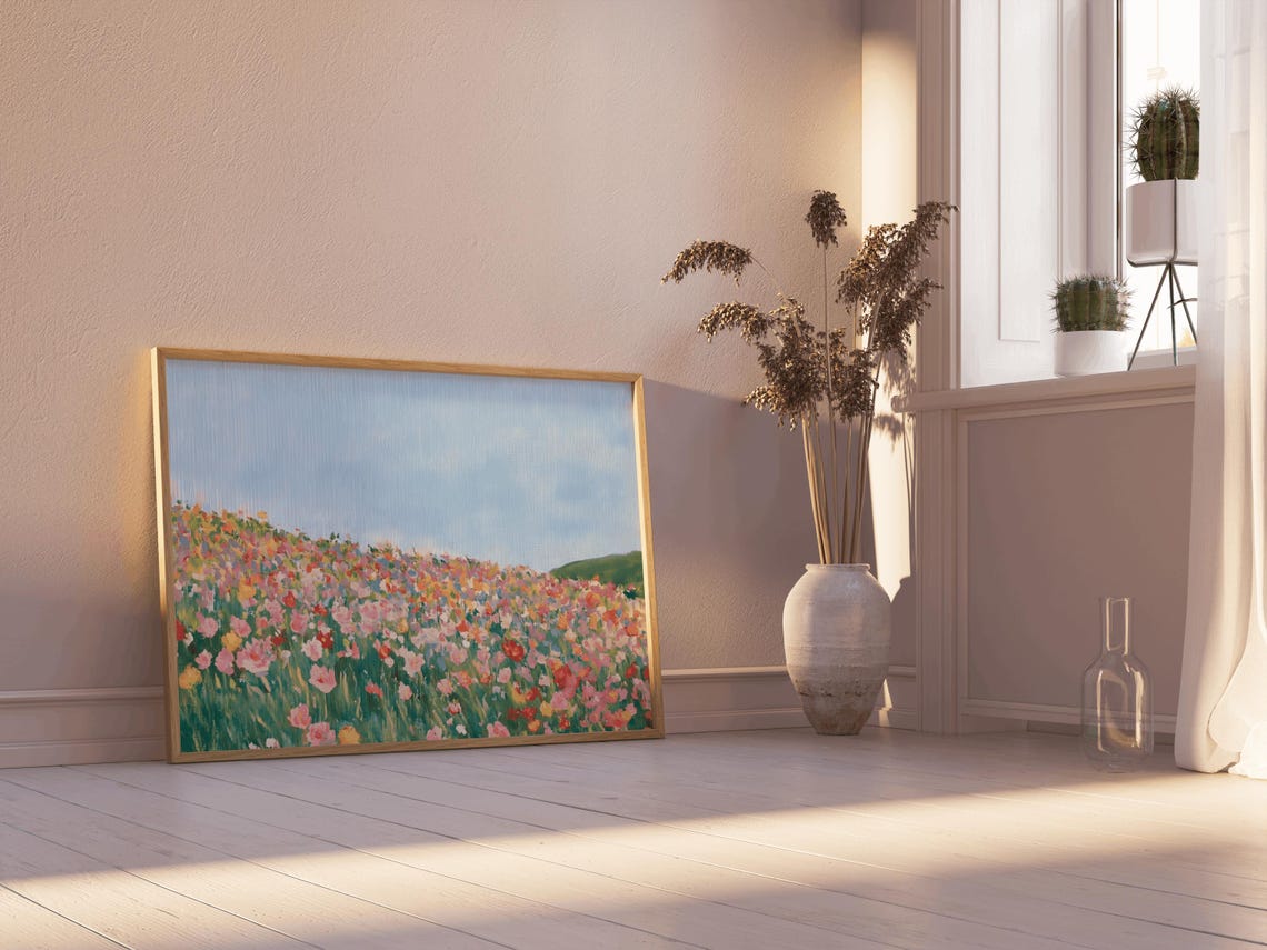 Pastel Wildflower Field Painting Soft Pink Flower Meadow Poster - Image 3