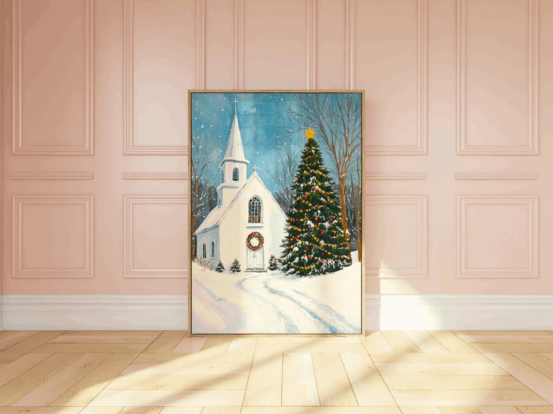 White Church in Snow with Lit Christmas Tree and Wreath Poster