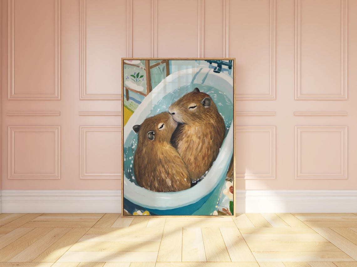 Two Capybaras Cuddling Blue Bathtub Funny Bathroom Humor Poster