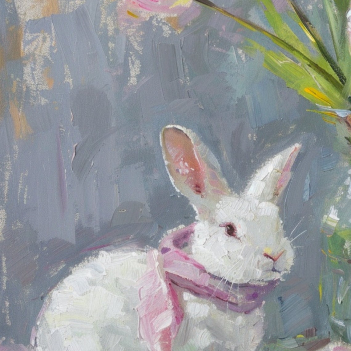 White Rabbit Pink Tulips Floral Still Life Oil Painting Art Poster - Image 3