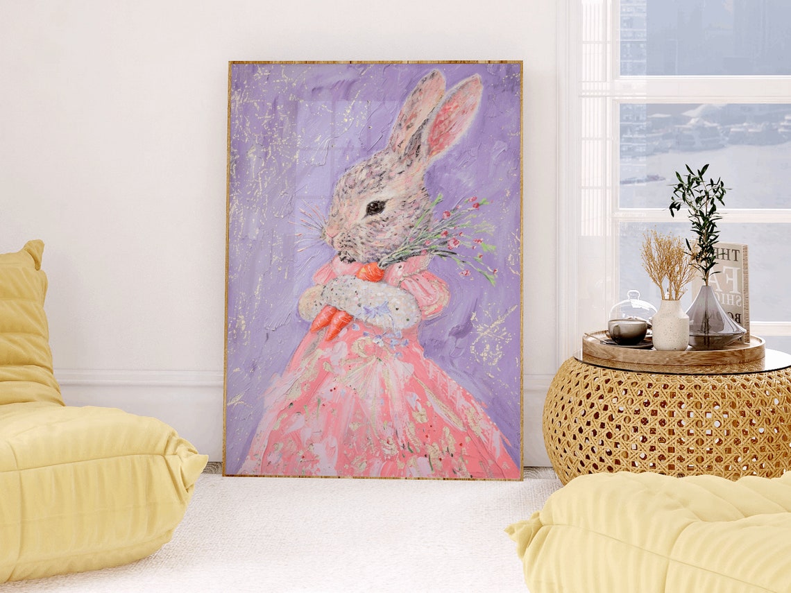 Bunny in Pink Floral Dress with Carrots Pastel Nursery Art Print - Image 2
