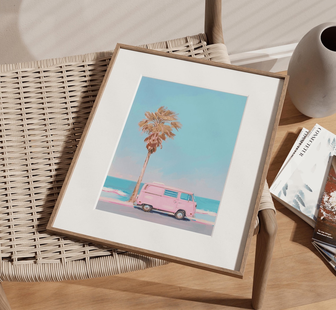 Retro Pink Kombi Van Poster, Vintage Coastal