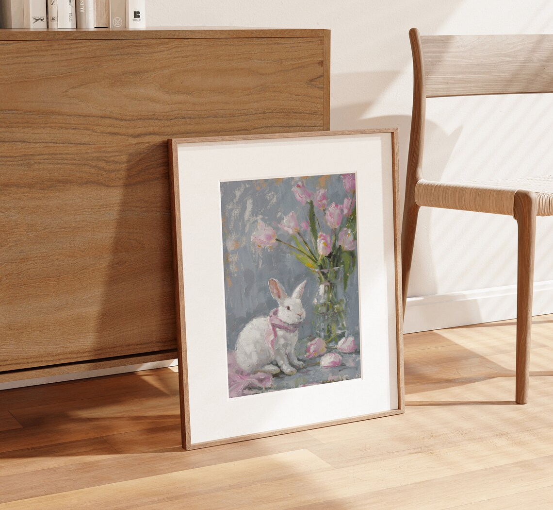 White Rabbit Pink Tulips Floral Still Life Oil Painting Art Poster - Image 4