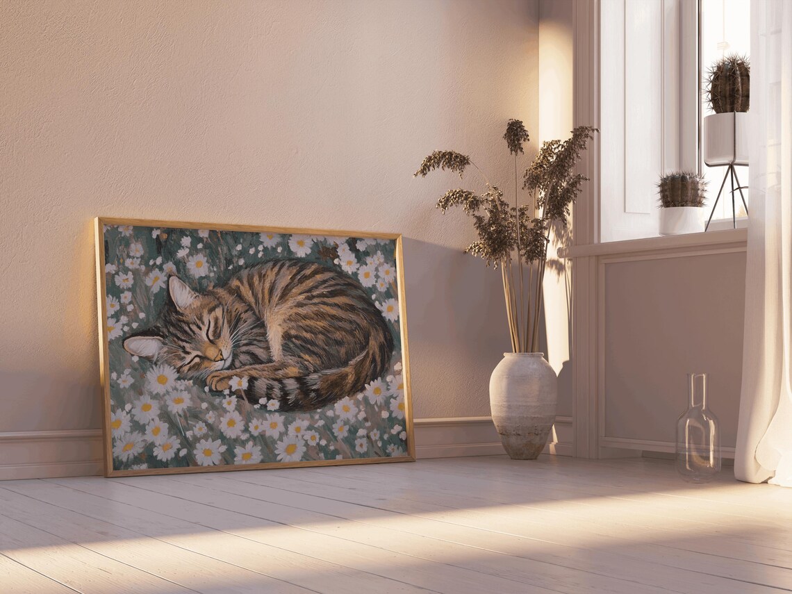 Brown Tabby Cat and Daisy Flowers Art Print - Image 4
