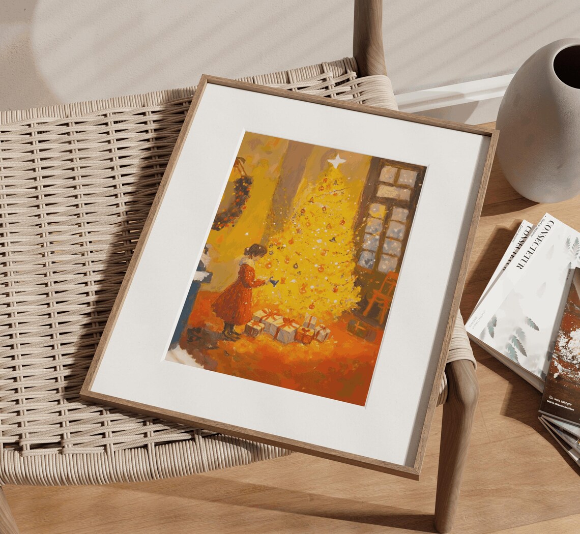Golden Christmas Tree Girl Red Dress Warm Holiday Painting Poster - Image 3