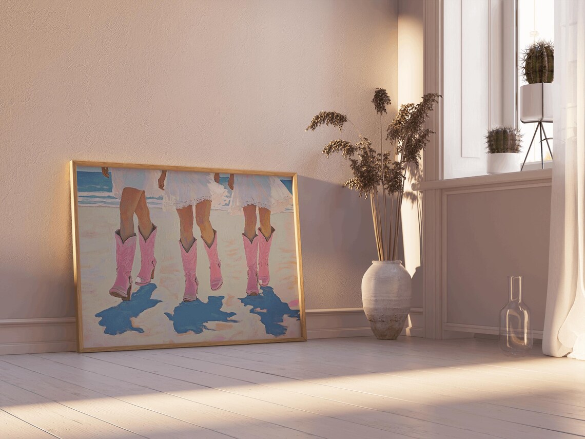 Three Cowgirls Pink Boots Beach Coastal Cowgirl Western Poster - Image 3