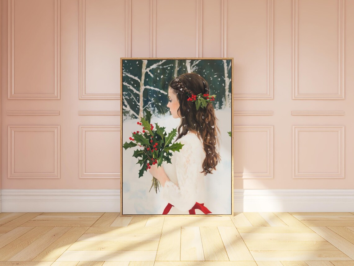 Elegant Woman White Dress Holly Winter Snowy Forest Painting Poster
