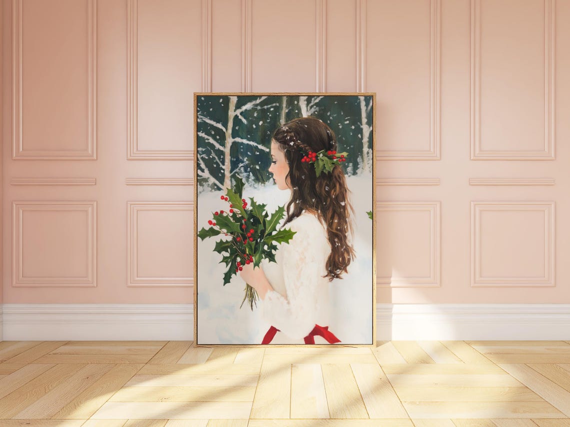 Mistletoe Lady Divine Feminine Winter Art Classy Woman Painting Holly Christmas Print Floral Christmas Floral Winter Girls Winter Art
