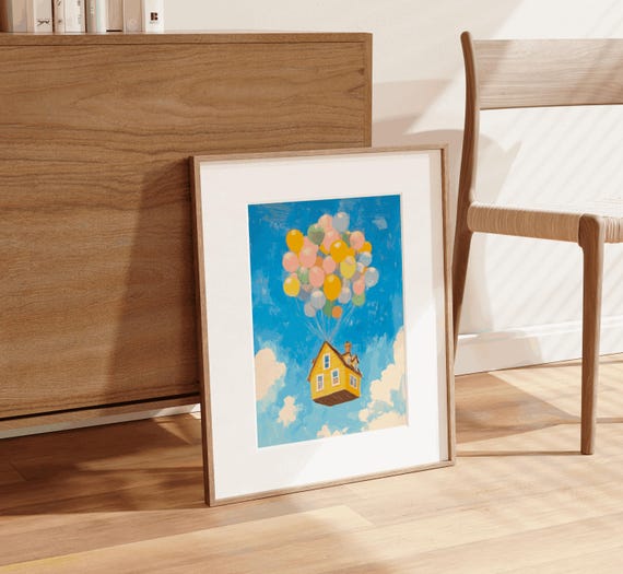 Yellow House Balloons Painting Up In The Clouds Art Print Whimsical Colorful Kids Room Playroom Nursery