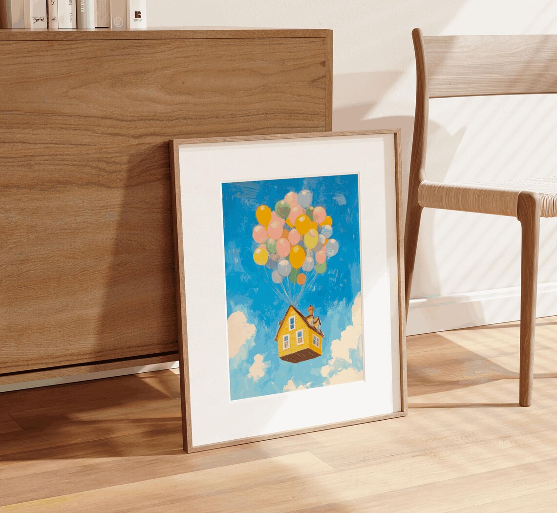 Floating Yellow House Colorful Balloon Sky Whimsical Art Print