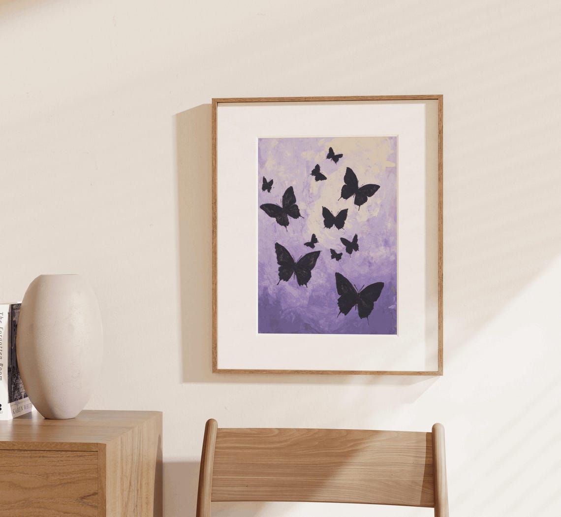 Black Butterfly Silhouettes Lavender Purple Watercolor Wall Art - Image 3