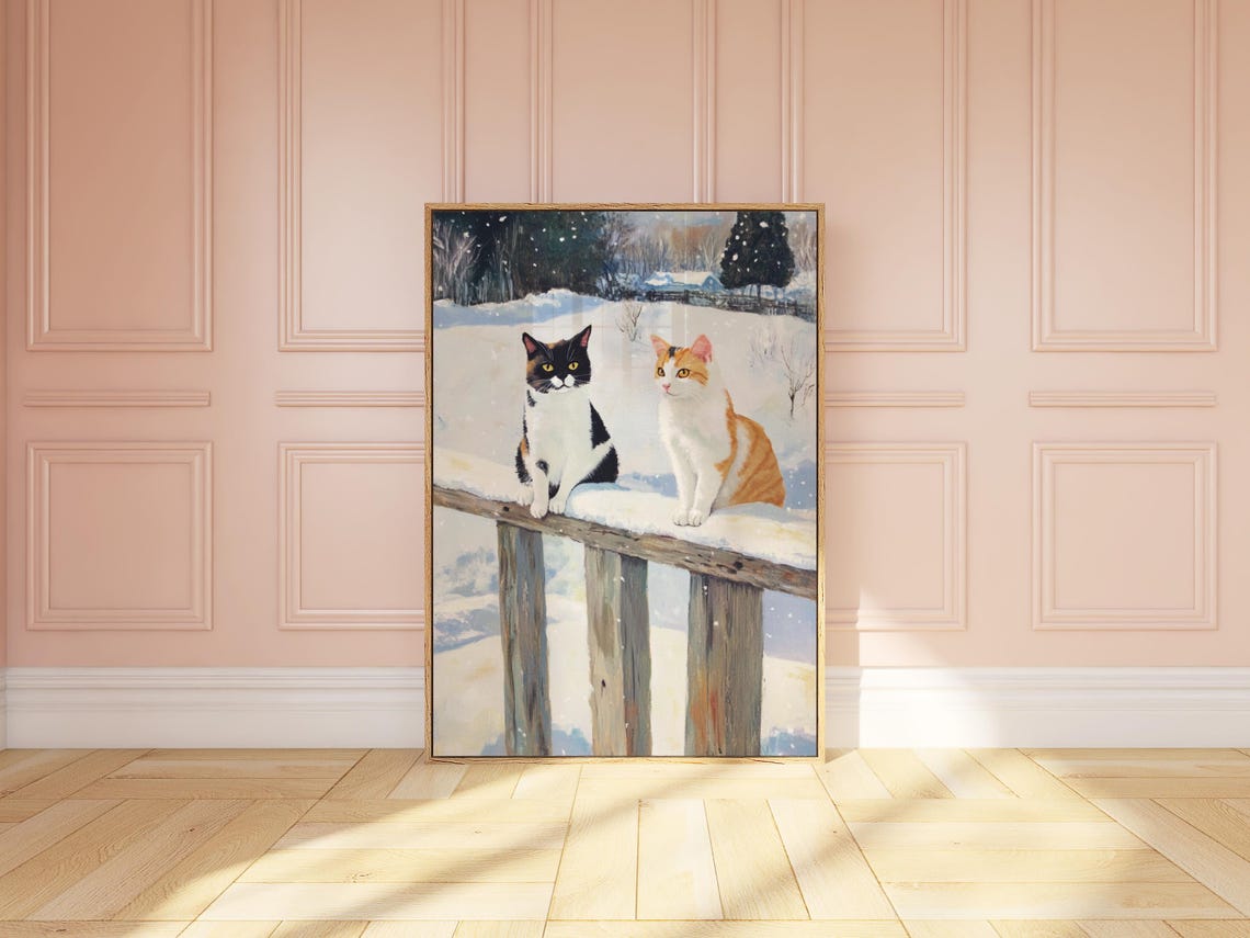 Two Cats Sitting on a Snow Covered Fence in Winter Village Poster - Image 3