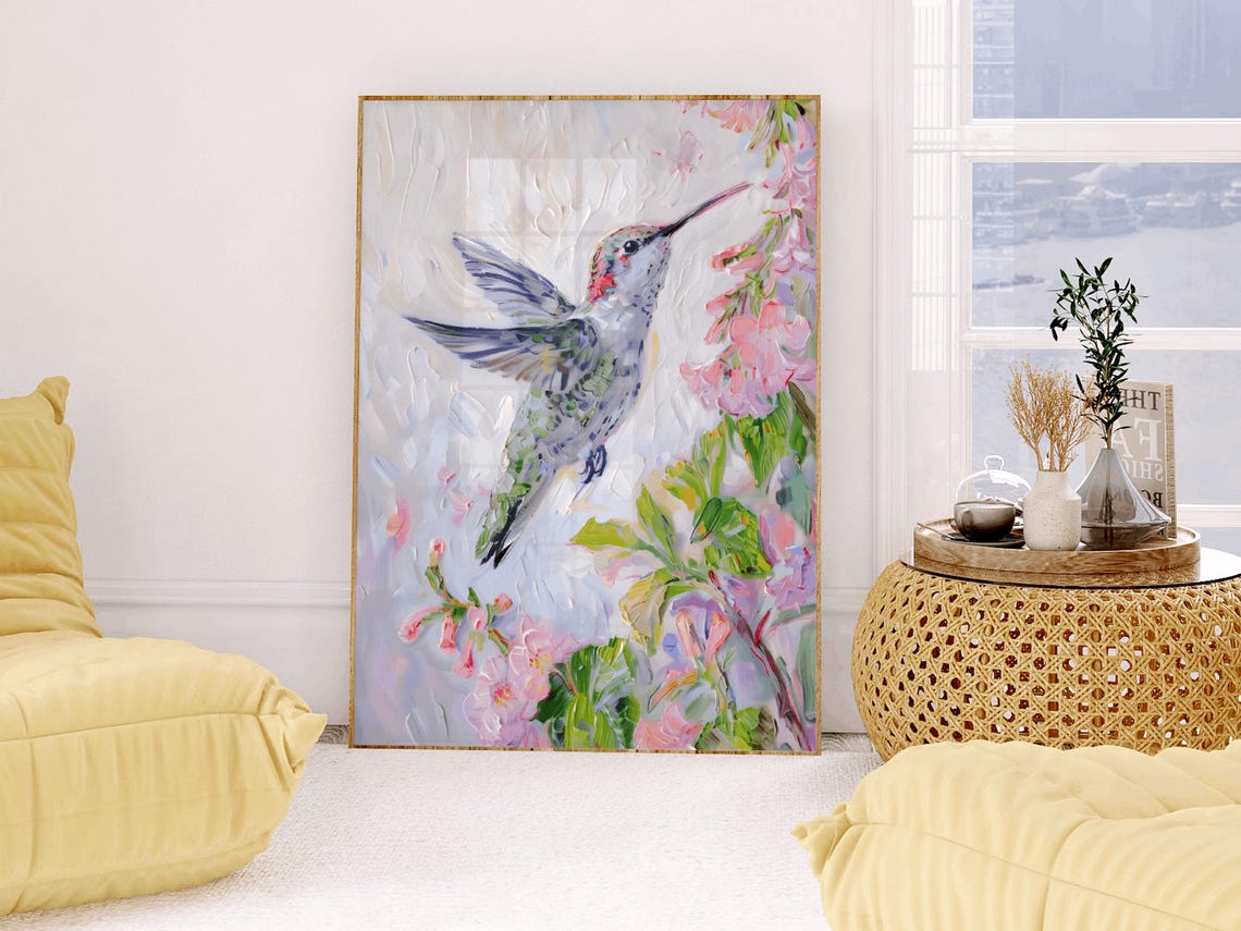 Hummingbird with Pink Blossoms Impressionist Nature Art Print - Image 3
