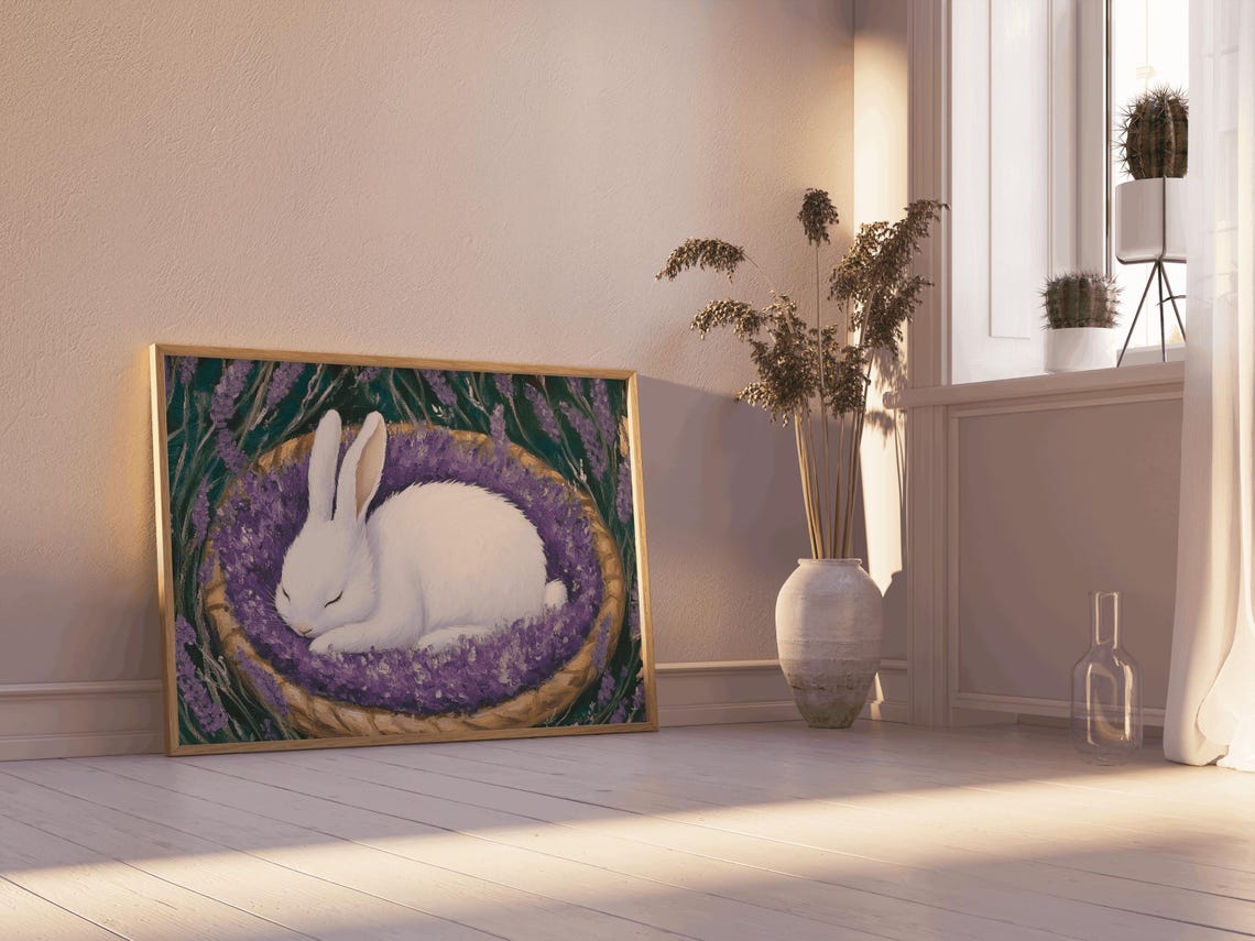 White Rabbit Sleeping Lavender Basket Cottagecore Farmhouse Poster - Image 4