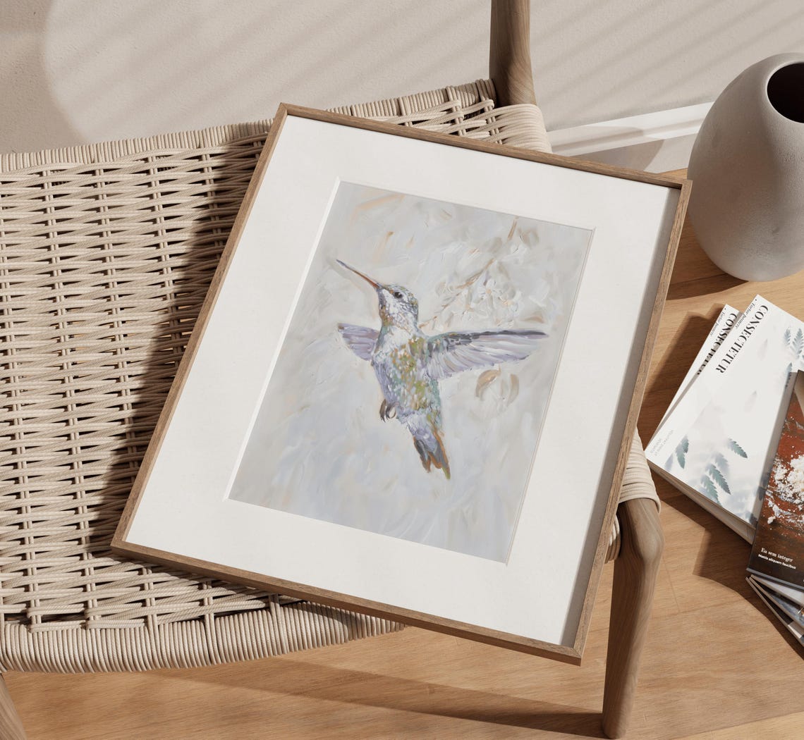 Delicate Hummingbird In Flight White Floral Watercolor Poster
