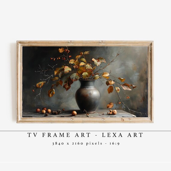 Classic Floral Vase Tv Art Antique Style Frame Moody Botanical Painting Elegant Living Room Wall Decor