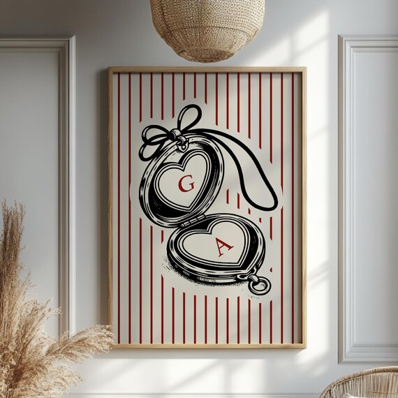 Heart Locket Initials Red Striped Background Line Art Poster