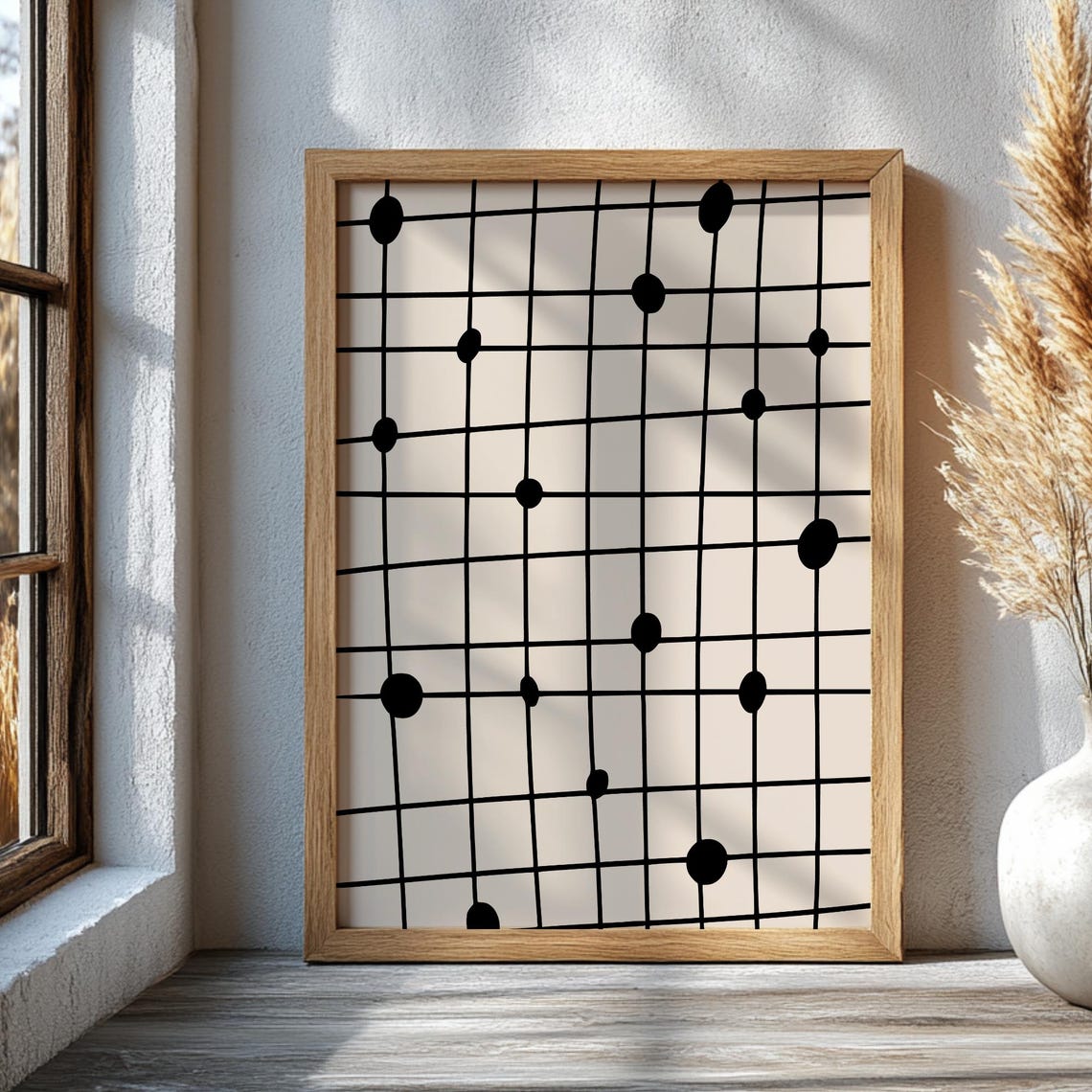 Scandinavian Neutral Poster Minimalist Abstract Line Art Print Modern Black And Beige Grid Wall Hallway Housewarming Gift