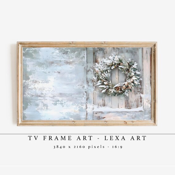 Frosted Christmas Wreath on Rustic Wooden Barn Door Snowy Winter Poster