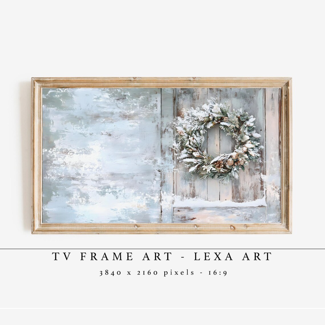 Frosted Christmas Wreath on Rustic Wooden Barn Door Snowy Winter Poster