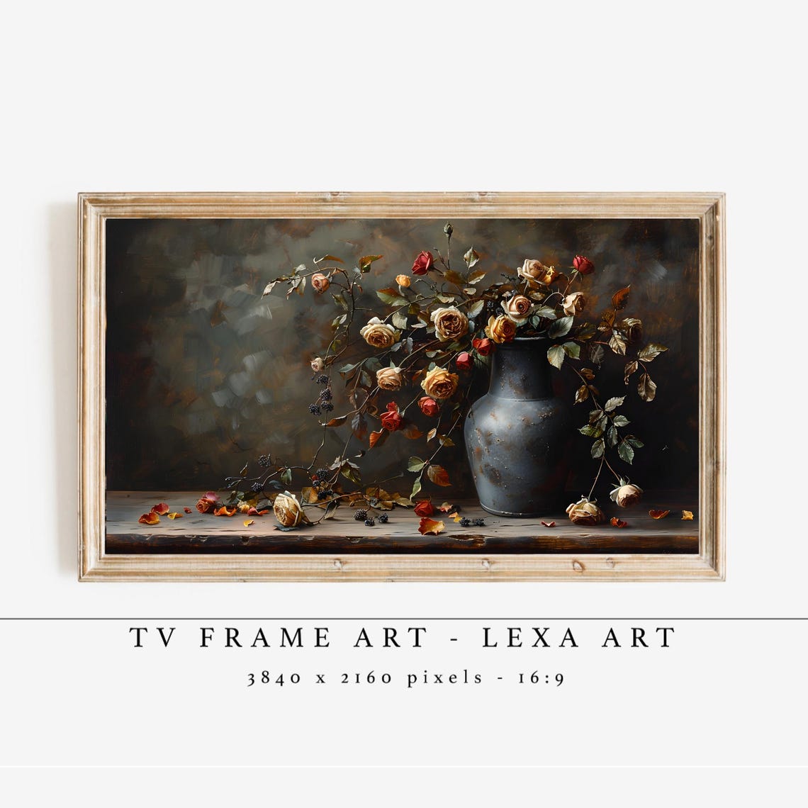 Moody Floral Still Life Roses in Vase Dark Vintage Oil Style Poster