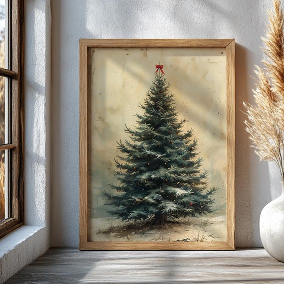 Vintage Christmas Tree Print Rustic Holiday Wall Art Winter Decor Watercolor Evergreen Illustration Cozy Farmhouse Artwork