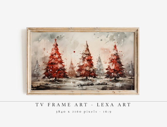 Vintage Red Christmas Trees Winter TV Frame Art Snowy Holiday Poster