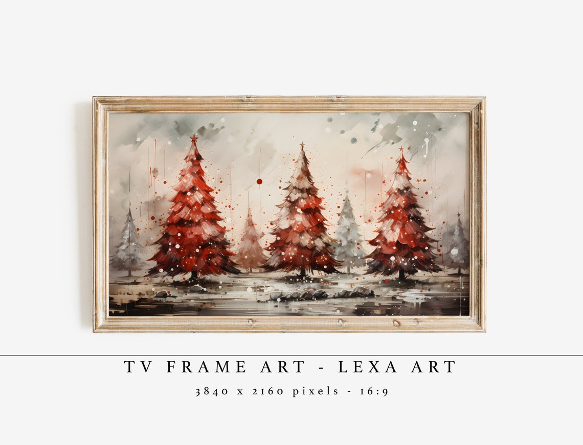 Vintage Red Christmas Trees Winter TV Frame Art Snowy Holiday Poster