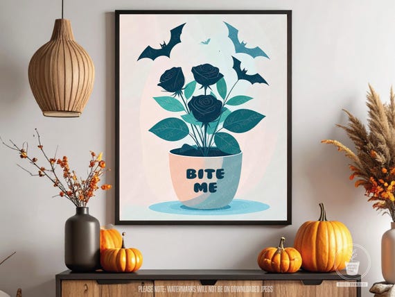 Gothic Halloween Print Vampire Bats Black Roses