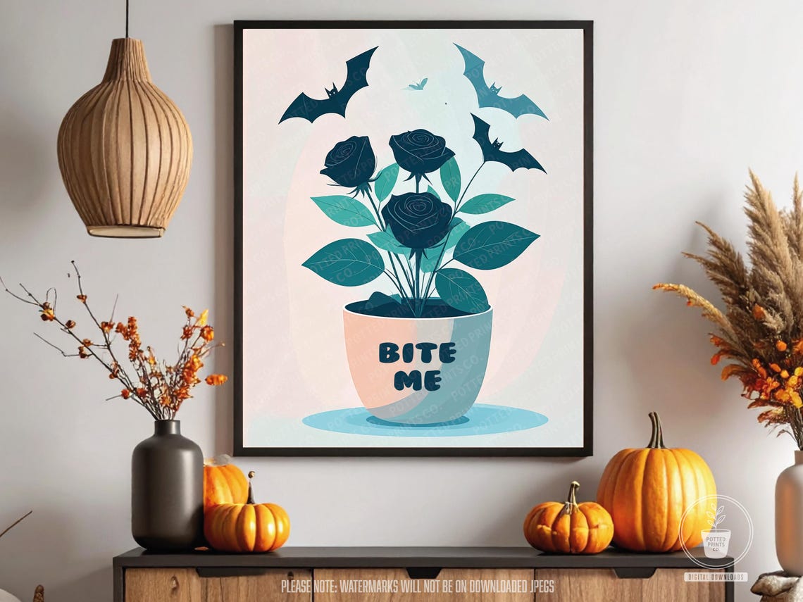 Gothic Halloween Print Vampire Bats Black Roses