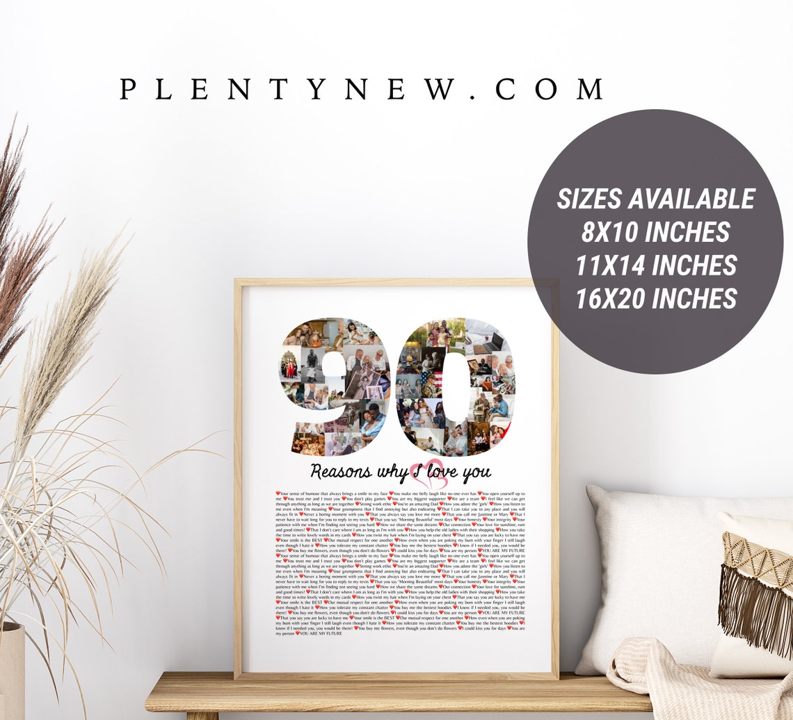 90 Reasons Why I Love You Custom Photo Collage Anniversary Poster