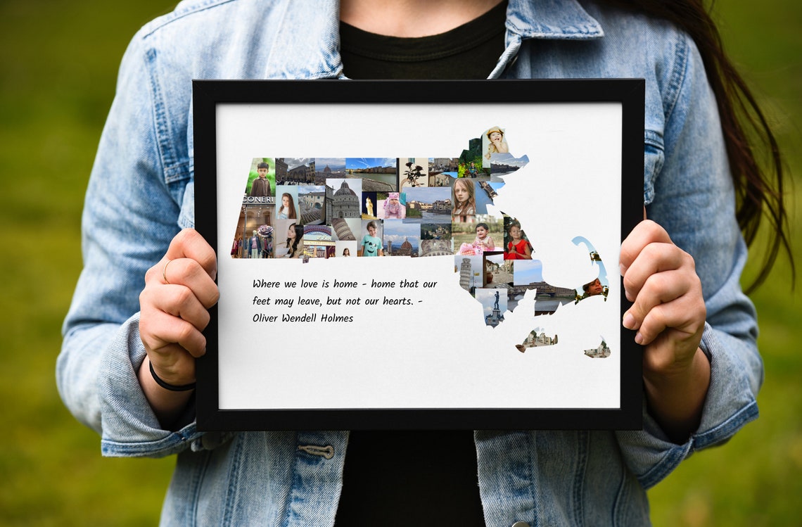 Massachusetts State Shape Photo Collage Home Quote Personalized Poster
