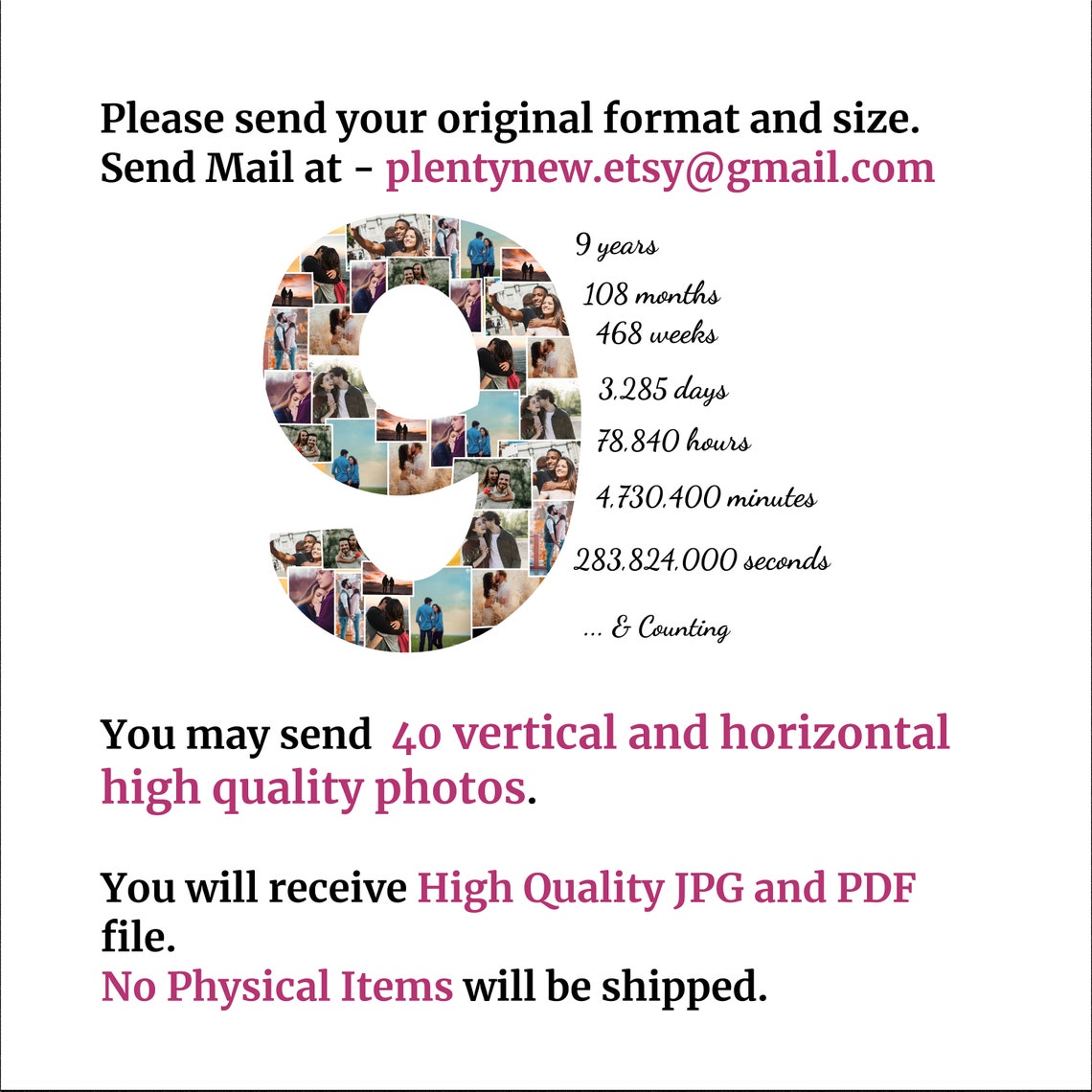 Personalized 9th Anniversary Number 9 Photo Collage Gift File Print