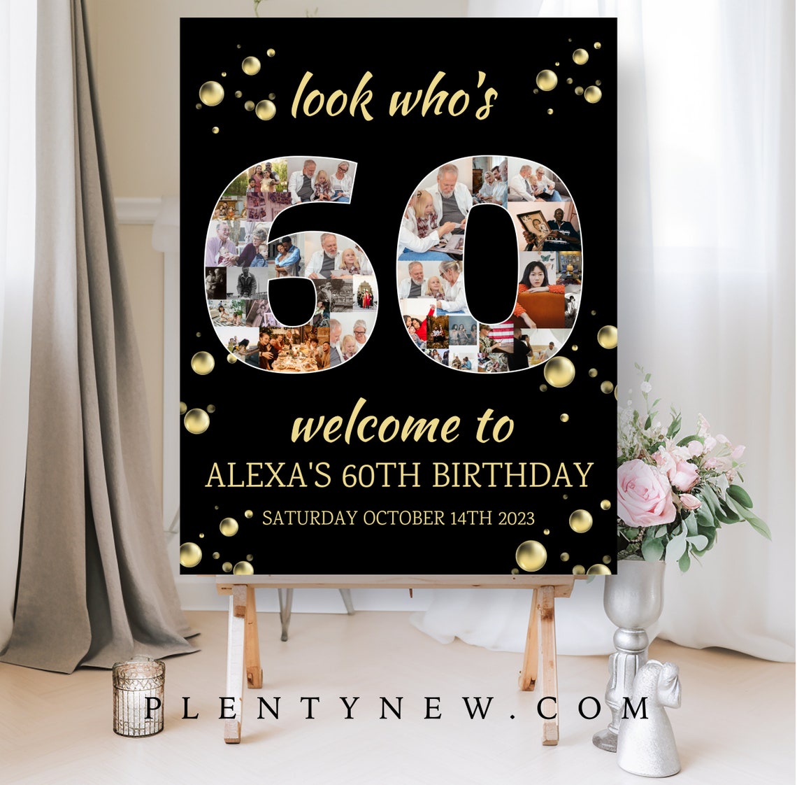 Look Who's 60 Black Gold Photo Collage Birthday Welcome Poster