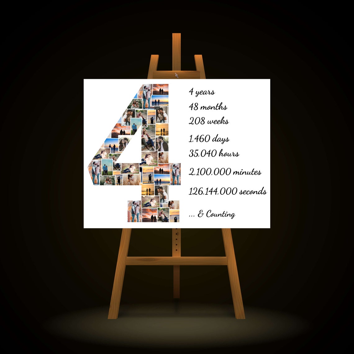 Personalized 4th Anniversary Number 4 Photo Collage Easel Print