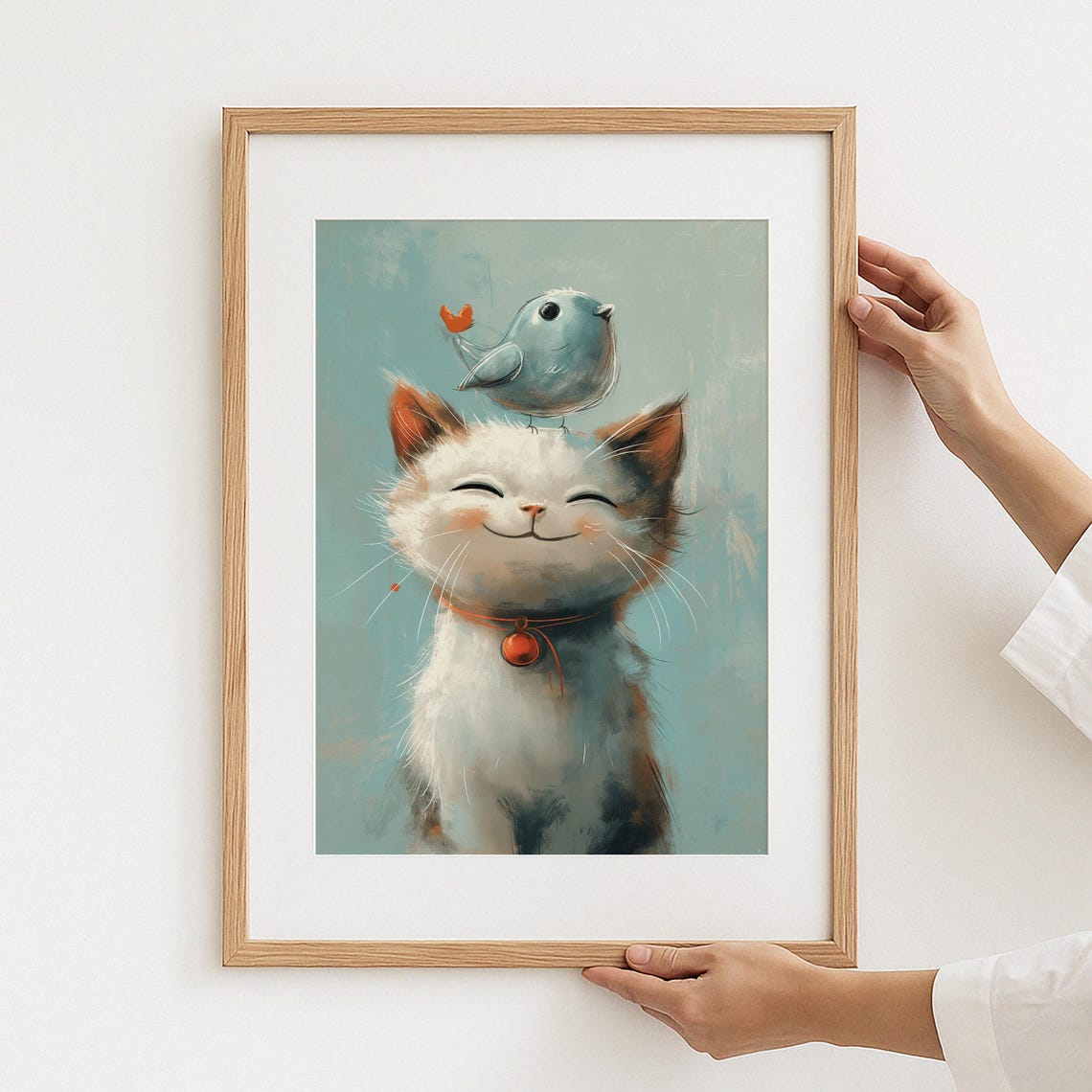 Smiling White Cat Blue Bird Watercolor Whimsical Animal Poster
