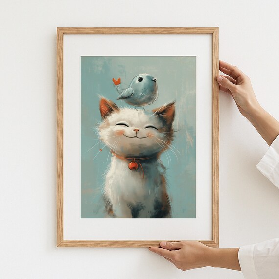 Smiling White Cat Blue Bird Watercolor Whimsical Animal Poster