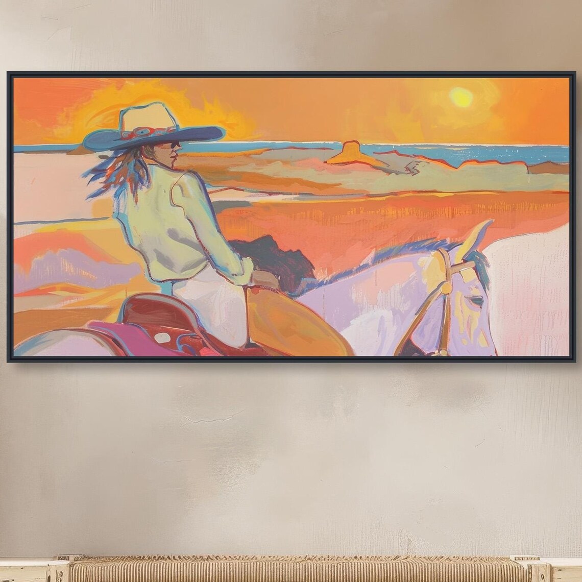Cowgirl Horseback Riding, Rustic Western Art Print