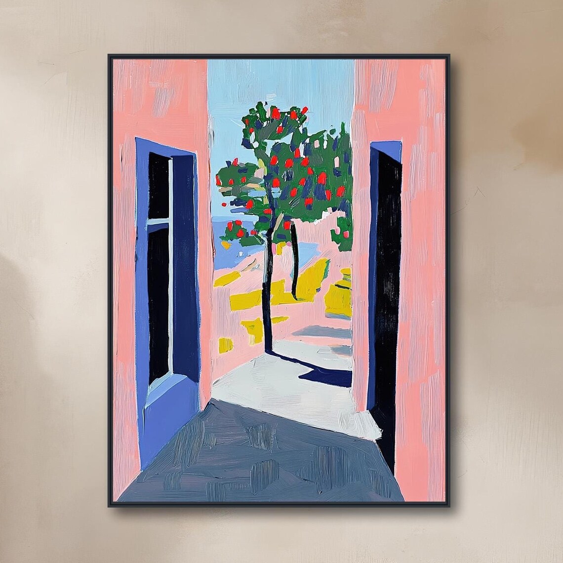 Mediterranean Coastal Alley Painting Pink Walls Blue Doors Sea Poster