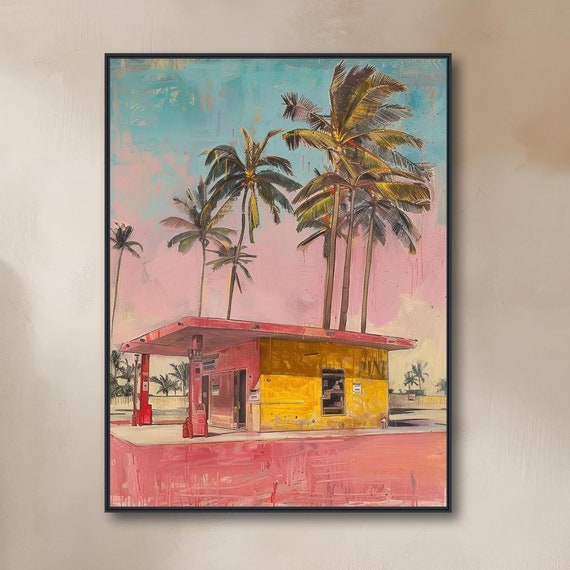 Retro Beach Art Painting Vintage Station With Palm Trees Mid Century Modern Tropical Wall Decor Framed Or Gicle Pit Stop