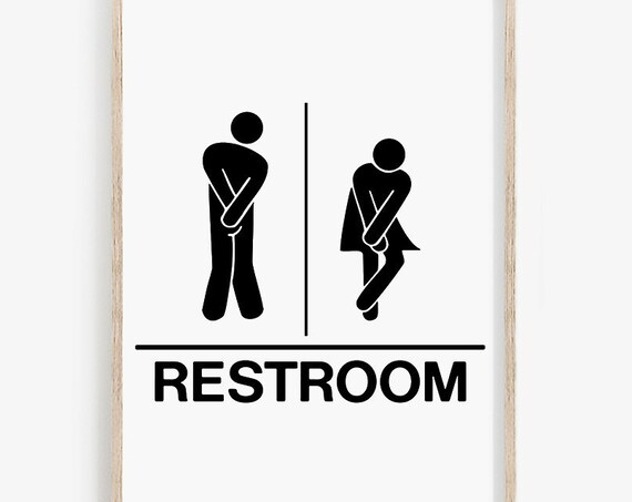 Funny Restroom Sign Men Women Holding It Humor Bathroom Decor Print