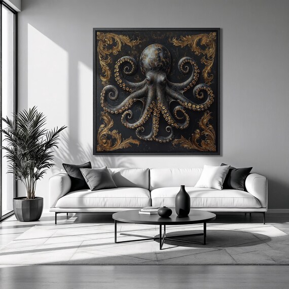Black Octopus Gold Baroque Flourish Nautical Underwater Square Art Poster